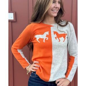 ISLEFIELD Trot Cashmere Blend Horse Sweater Orange Spice Oatmeal Size Large